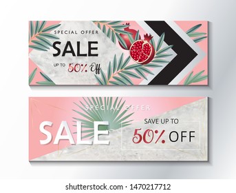 Rosh Hashanah Sale gift cards set. Jewish New Year elements. Shana Tova! Hebrew Have sweet year. Red pomegranates palm leaf marble trendy banner. Shop Rosh hashana sukkot Jewish Holiday Fashion coupon