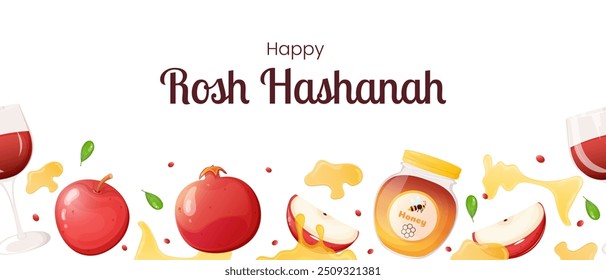 Rosh Hashanah seamless border with apple, pomegranate, wine, honey. Jewish New Year banner.