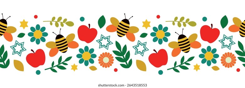 Rosh Hashanah seamless border. Bright colored bees, flowers and apples. Ideal for holiday design