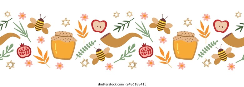 Rosh Hashanah seamless border. Honey, apple, pomegranate and bee. Isolated vector illustration for greeting card, banner, packaging