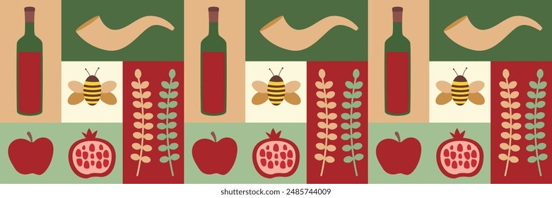 Rosh Hashanah seamless border or pattern. Wine, apple, pomegranate, bee in squares and rectangles. Vector illustration for background, fabric, banner, wrapping paper