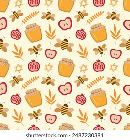 Rosh Hashanah seamless pattern. Apple, pomegranate, honey and bees on a light background. Vector illustration for packaging, greeting card, background, fabric, wrapping paper