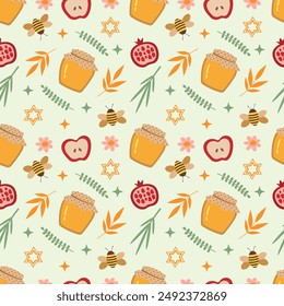 Rosh Hashanah seamless pattern. Bee, honey, apple, pomegranate and star of David on a light green background. Vector illustration for holiday design.