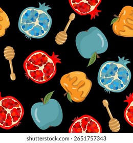 rosh hashanah seamless pattern black background apples pomegranates honey dipper art wallpaper jewish new year design traditional food