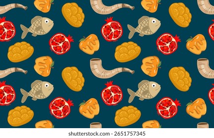 rosh hashanah seamless pattern dark blue background apples pomegranates challah fish shofar