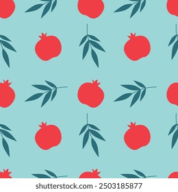 Rosh Hashanah seamless pattern. Red pomegranate and blue leaves on a turquoise background. Vector illustration for fabric, wrapping paper, packaging, card