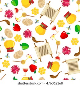 Rosh Hashanah seamless pattern. Shana Tova or Jewish New year symbols. Vector illustration.