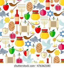 Rosh Hashanah seamless pattern. Shana Tova or Jewish New year symbols. Vector illustration.