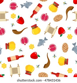 Rosh Hashanah seamless pattern. Shana Tova or Jewish New year symbols. Vector illustration.