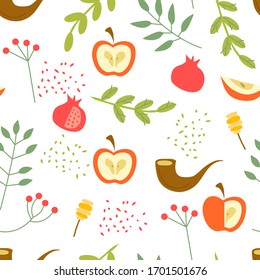 Rosh Hashanah Seamless Vector Pattern with Green Branches and Apple. Shana Tova or Jewish New Year Symbols