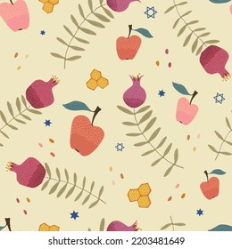 Rosh Hashanah seamless vector pattern with apples, pomegranates and honey in cartoon colorfull style for Jewish New Year projects, covers, paper wrappers, wrappers, wallpaper, backgrounds