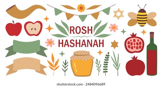 Rosh Hashanah set. Honey, apple, pomegranate, plants, branches, flower, wine. Isolated vector illustration for holiday design