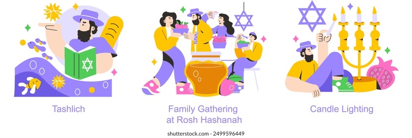 Rosh Hashanah set. Illustrations depicting Tashlich, family gathering, and candle lighting rituals. Jewish New Year traditions and celebrations. Vector illustration.