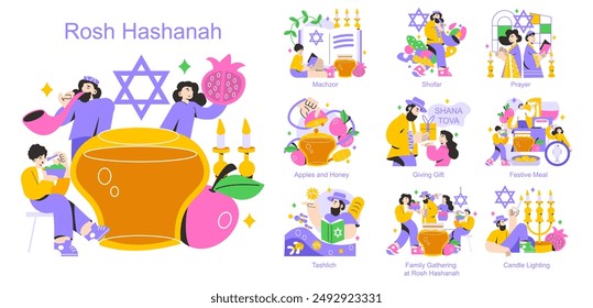 Rosh Hashanah gesetzt. Jüdische Traditionen des Neuen Jahres mit Shofar-Blasen, festlichen Mahlzeiten und Gebeten. Feiern von Tashlich und Familientreffen. Vektorillustration.