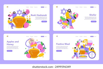 Rosh Hashanah set. Jewish New Year traditions with symbolic foods and shofar. Family celebrating with apples, honey, and festive meal. Vector illustration.