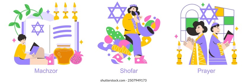 Rosh Hashanah Set. Jüdische Neujahrstraditionen mit Machzor, Shofar und Gebet. Feierliche Rituale und Symbolik. Vektorgrafik.