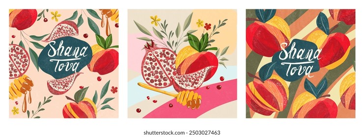 Rosh Hashanah. Set of vector greeting cards with congratulations on the Jewish New Year, with a pattern of apple, pomegranate, honey, for decorating a cover, packaging, postcard. Shana Tova.