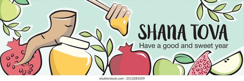 Rosh hashanah, shana tova banner. Jewish holiday Rosh Hashanah with pomegranate and apple fruits.