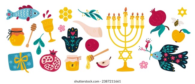 Rosh hashanah and Shana tova elements. Jewish New Year objects. Holiday traditional icons. Honey glass jar. Fish and pomegranate. Candles in candlestick. Present box