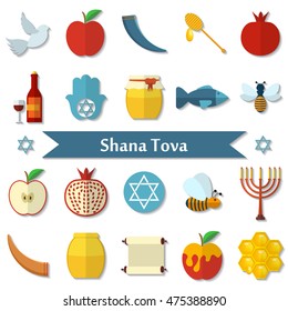 Rosh Hashanah, Shana Tova flat vector icons set.