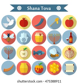 Rosh Hashanah, Shana Tova flat vector icons set.