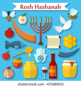 Rosh Hashanah, Shana Tova flat vector icons set.