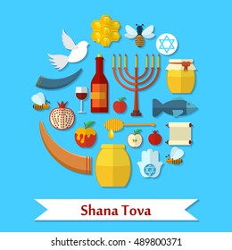 Rosh Hashanah, Shana Tova flat vector icons set.