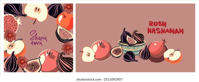 Rosh Hashanah! Shana Tova! Fully editable posters on the theme of the holiday of the beginning of the new Jewish year. Figs, pomegranates and apples - vector illustration in a flat style.