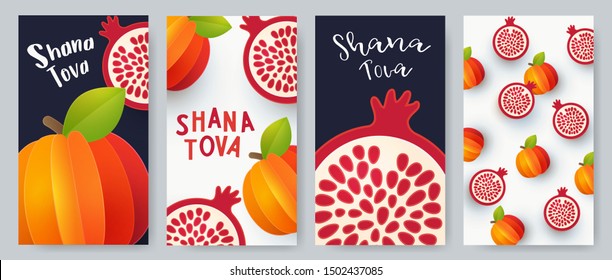 Rosh Hashanah Shana Tova Greeting cards Set. Design in minimalist modern style with symbols of the Jewish New Year, apple and pomegranate. Paper cut style. Template for advertising, web, social media