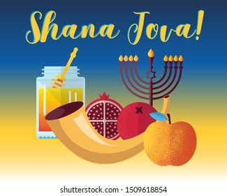 Rosh Hashanah. Shana Tova. Jewish new year holiday greeting card vector illustration