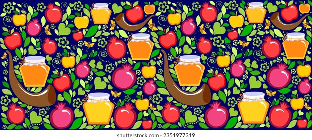 Rosh hashanah, Shana Tova - jewish new year holiday seamless pattern vector template background cartoon flat design Pomegranate, honey, wine, menorah, candle, star David, apple, shofar, flower. vector