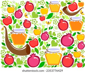 Rosh hashanah , Shana Tova - jüdisches neues Jahr Urlaub nahtlose Muster Muster-Hintergrund-Cartoon flaches Design Pomegranate, Honig, Wein, Menorah, Kerze, Star David, Apfel, Schuppen, Blumen.