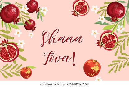 Rosh hashanah , Shana Tova - jewish new year holiday banner template design. Pomegranate, honey, wine, menorah, candle, star David, apple, shofar, flower Vector flat icon illustration