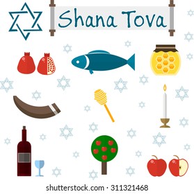 Rosh Hashanah, Shana Tova or Jewish New year flat vector icons set