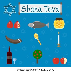 Rosh Hashanah, Shana Tova or Jewish New year flat vector icons set