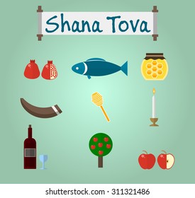 Rosh Hashanah, Shana Tova or Jewish New year black vector icons set