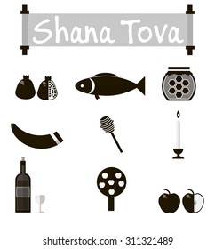 Rosh Hashanah, Shana Tova or Jewish New year black vector icons set