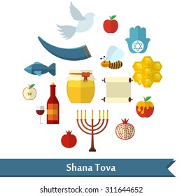 Rosh Hashanah, Shana Tova or Jewish New year flat vector icons set, with honey, apple, fish, bee, bottle, torah and other traditional items in round shape.