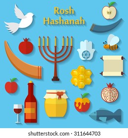 Rosh Hashanah, Shana Tova or Jewish New year flat vector icons set, with honey, apple, fish, bee, bottle, torah and other traditional items