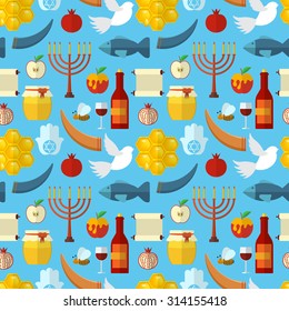 Rosh Hashanah, Shana Tova or Jewish New year seamless pattern, with honey, apple, fish, bee, bottle, torah and other traditional items