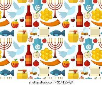 Rosh Hashanah, Shana Tova or Jewish New year seamless pattern, with honey, apple, fish, bee, bottle, torah and other traditional items