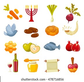 Rosh Hashanah, Shana Tova or Jewish New year cartoon flat vector icons set.Traditional symbols of Jewish new year holiday Rosh Hashanah