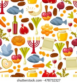 Rosh Hashanah, Shana Tova or Jewish New year seamless pattern, with honey, apple, fish, bottle, torah ,lettuce, date, beet and other traditional items. Cartoon flat style vector illustration