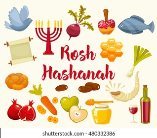 Rosh Hashanah, Shana Tova or Jewish New year cartoon flat vector icons set.Traditional symbols of Jewish new year holiday Rosh Hashanah