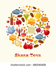 Rosh Hashanah, Shana Tova or Jewish New year cartoon flat vector icons round background.Traditional symbols of Jewish new year holiday Rosh Hashanah