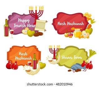 Rosh Hashanah, Shana Tova or Jewish New year cartoon flat vector frames and lables set.Traditional symbols of Jewish new year holiday Rosh Hashanah