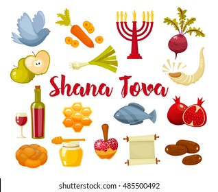 Rosh Hashanah, Shana Tova or Jewish New year cartoon flat vector icons .Traditional symbols of Jewish new year holiday Rosh Hashanah