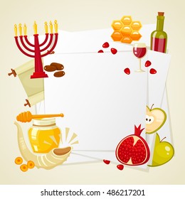 Rosh Hashanah, Shana Tova or Jewish New year cartoon flat vector icons round background.Traditional symbols of Jewish new year holiday Rosh Hashanah