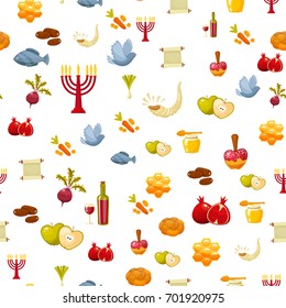 Rosh Hashanah, Shana Tova or Jewish New year seamless pattern, with honey, apple, fish, bottle, torah ,lettuce, date, beet and other traditional items. Cartoon flat style vector illustration