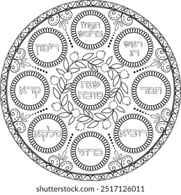 Rosh Hashanah Simanim Plate black outline illustration. Use for digital decoration,coloring page for kids and adults, print art. Translation from Hebrew: "A good year"